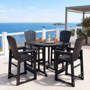 A round patio table with four DirectDeals Outdoor Bar Stool 29″ Height with Backrest and Armrests overlooks the ocean. Drinks, food, and a wine bottle sit on the table, with boats and islands visible in the sunny background.