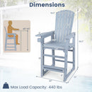 DirectDeals Outdoor Bar Stool 29″ Height with Backrest and Armrests in blue shown with labeled dimensions; supports up to 440 lbs. Inset displays stool at a patio table.