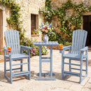 Two DirectDeals Outdoor Bar Stool 29″ Height with Backrest and Armrests offer inviting HDPE patio bar seating for relaxing with iced tea on a stone patio beside a rustic, vine-covered building.