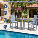 Gray HDPE patio bar seating by the pool with two DirectDeals Outdoor Bar Stool 29″ Height with Backrest and Armrests, plus a table with drinks. Sun-protective, waterproof, anti-fading. Tropical plants and villas complete the scene.