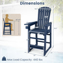 DirectDeals Outdoor Bar Stool 29″ Height with Backrest and Armrests, blue HDPE, supports 440 lbs. Features armrests, cupholder, and labeled diagram with dimensions and table seating guide.