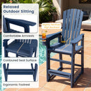 A blue DirectDeals Outdoor Bar Stool 29″ Height with Backrest and Armrests by the pool, featuring a reclined back, comfy arms, contoured seat, ergonomic footrest, cup holder, and highlighted features.