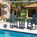 Two blue DirectDeals Outdoor Bar Stool 29″ Height with Backrest and Armrests are arranged by a villa, featuring sun-protection, waterproof, anti-fade properties, and easy maintenance.