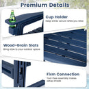 Collage of DirectDeals Outdoor Bar Stool 29″ Height with Backrest and Armrests shows cup holder with bottle, close-up wood-grain HDPE slats, and sturdy joint. Text highlights cup holder, stylish patio seating, tool-free assembly. Poolside setting.