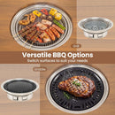 Three images show the Outdoor Dining Cart with BBQ Grill and Folding Side Panel by DirectDeals in use with meats and veggies, empty, and as a griddle. Versatile for any gathering as a mobile cooking station.