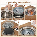Five-step setup for the DirectDeals Outdoor Dining Cart with BBQ Grill and Folding Side Panel: Add water, insert charcoal bowl & plate, add charcoal, set up grill or griddle plate, and fill groove with water.
