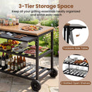 The DirectDeals Outdoor Dining Cart with BBQ Grill and Folding Side Panel features three slatted shelves for food, drinks, and utensils—ideal for organized patio grilling and outdoor dining.