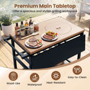 The Outdoor Dining Cart with BBQ Grill and Folding Side Panel by DirectDeals features a spacious, waterproof tabletop, holds plates, spices, and drinks, and includes arrows showing dimensions plus a removable center for mobile cooking.