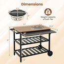 DirectDeals Outdoor Dining Cart with BBQ Grill and Folding Side Panel features labeled dimensions, two shelves (66 lbs/tier), wheels on one side, and a detachable 14″ diameter x 3.1″ grill shown separately.