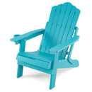 The DirectDeals Folding Adirondack Chair with Adjustable Backrest & Cup Holder features wide armrests, a slatted back, and a reclined seat—perfect for outdoor use.