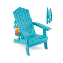 The DirectDeals Folding Adirondack Chair with Adjustable Backrest & Cup Holder in turquoise is shown with a drink, metal straw, and its folded version in the background.
