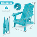 DirectDeals Folding Adirondack Chair with Adjustable Backrest & Cup Holder shown with labeled dimensions, foldable design, 380 lbs max load, and cup holder detail insets. Dimensions marked with arrows and text.