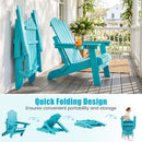 A Folding Adirondack Chair with Adjustable Backrest & Cup Holder by DirectDeals sits on a porch beside a matching folded chair. Graphics show easy folding for portability and storage. Text: Quick Folding Design.