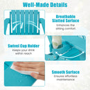 Infographic showcases the Folding Adirondack Chair with Adjustable Backrest & Cup Holder by DirectDeals: breathable slats, swivel cup holder for drinks, and an easy-to-clean smooth surface. Each feature is clearly described.