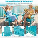 Two women relax outdoors on bright blue Folding Adirondack Chair with Adjustable Backrest & Cup Holder by DirectDeals. Insets highlight the high backrest, widened armrests, and contoured seat for added comfort.
