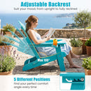 A woman reads and relaxes on a DirectDeals Folding Adirondack Chair with Adjustable Backrest & Cup Holder, enjoying ocean views surrounded by potted plants.