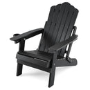 The DirectDeals Folding Adirondack Chair with Adjustable Backrest & Cup Holder features wide armrests, a slatted seat and back, wood-grain texture, and a cup holder—perfect for outdoor use.