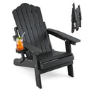 DirectDeals Folding Adirondack Chair with Adjustable Backrest & Cup Holder features wide armrests and a slatted back, with a drink in the cup holder. An adjustable version is shown folded in the upper right corner on white.