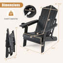 DirectDeals Folding Adirondack Chair with Adjustable Backrest & Cup Holder shown unfolded and folded. Dimensions labeled: 46.5″L x 29″W x 35.5″H unfolded; folded height: 44″. Load capacity: 330 lbs.