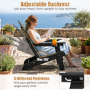 A woman relaxes and reads on a Folding Adirondack Chair with Adjustable Backrest & Cup Holder by DirectDeals, enjoying 5 backrest positions up to 135° for customized comfort. Inset shows the chair’s adjustment mechanism.