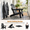 DirectDeals Folding Adirondack Chair with Adjustable Backrest & Cup Holder on a porch, shown folded and unfolded, with diagrams highlighting its easy folding design for portability and storage.