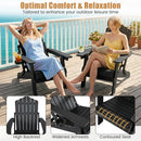 Two women relax outdoors on Folding Adirondack Chair with Adjustable Backrest & Cup Holder by DirectDeals—one reading, the other sunbathing. Insets show the adjustable backrest, cup holder armrest, and contoured seat.