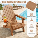 Folding Adirondack Chair with Adjustable Backrest & Cup Holder by the pool holds an orange drink. Made of high-quality HIPS, wood grain look, sun-protective, anti-fading, and easy to maintain. Brand: DirectDeals.