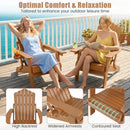 Two women relax on a wooden deck in brown DirectDeals Folding Adirondack Chair with Adjustable Backrest & Cup Holder. Inset images highlight its adjustable backrest, widened armrests, and contoured seat.