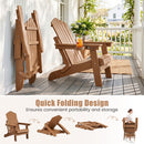 Two brown wooden DirectDeals Folding Adirondack Chair with Adjustable Backrest & Cup Holder on a porch—one open holding drinks, one folded upright. Below, step-by-step illustrations show its quick folding design for storage.