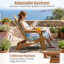 A woman lounges on the DirectDeals Folding Adirondack Chair with Adjustable Backrest & Cup Holder, enjoying a book and ocean view; the chair’s five reclining positions are highlighted.