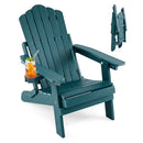 A teal Folding Adirondack Chair with Adjustable Backrest & Cup Holder by DirectDeals holds a cocktail, while another Outdoor Chair is shown folded for storage in the background.