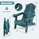 DirectDeals Folding Adirondack Chair with Adjustable Backrest & Cup Holder shown with labeled dimensions for height, width, seat, and folded size. Insets highlight features; supports up to 380 lbs.