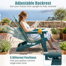 A woman unwinds by the ocean in a DirectDeals Folding Adirondack Chair with Adjustable Backrest & Cup Holder, enjoying five reclining positions for customizable comfort on a sunny terrace.