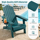 Folding Adirondack Chair with Adjustable Backrest & Cup Holder by DirectDeals shown by pool with drink; insets highlight wood grain design, sun-protection, anti-fading, easy maintenance; High-Quality HIPS Material.