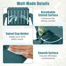 The Folding Adirondack Chair with Adjustable Backrest & Cup Holder by DirectDeals features a breathable slatted surface, swivel cup holder, and adjustable backrest. Images display airflow lines, a bottle in the holder, and easy cleaning.