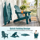 Two teal Folding Adirondack Chair with Adjustable Backrest & Cup Holder by DirectDeals, one open with drinks and flowers on the armrest and one folded, sit on a porch. Diagrams show the easy folding and portable design.