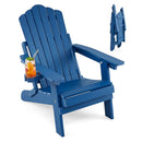 A DirectDeals Folding Adirondack Chair with Adjustable Backrest & Cup Holder in blue holds a drink. A folded version of this outdoor chair appears in the background.