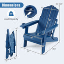 DirectDeals Folding Adirondack Chair with Adjustable Backrest & Cup Holder: blue wood, 330 lb capacity, foldable, labeled part measurements in inches. Shown unfolded and folded—great for outdoor use.