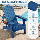 A Folding Adirondack Chair with Adjustable Backrest & Cup Holder by DirectDeals sits poolside, showcasing its wood grain texture, sun-protective and anti-fading features, and easy maintenance. A drink rests on the cup holder.