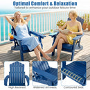 Two women relax on blue DirectDeals Folding Adirondack Chair with Adjustable Backrest & Cup Holder on a sunny deck. Insets show the high backrest, widened armrests with cup holder, and contoured seat for comfort.