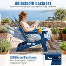 A woman relaxes, reading on a Folding Adirondack Chair with Adjustable Backrest & Cup Holder by DirectDeals, reclined on a sunny patio overlooking the sea. Text highlights the backrest’s 5 adjustable positions.