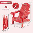 DirectDeals Folding Adirondack Chair with Adjustable Backrest & Cup Holder shown open and folded. Max height 35.5″, seat 31x18″, depth 46.5″. Load capacity: 380 lbs. Pale background, text highlights key features.