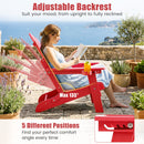 A woman reads on a red Folding Adirondack Chair with Adjustable Backrest & Cup Holder by DirectDeals, set on a sunny stone patio overlooking the sea, surrounded by plants and a stone wall.