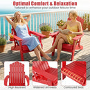 Two women relax on a deck in red DirectDeals Folding Adirondack Chair with Adjustable Backrest & Cup Holder; one reads, the other enjoys a drink. Insets show high backrest, widened armrests with cupholder, and contoured seat.