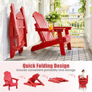 Two red DirectDeals Folding Adirondack Chair with Adjustable Backrest & Cup Holder on a porch—one open with drinks in the cup holder, one folded. Step-by-step images show folding for easy portability and storage.