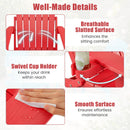 Infographic shows the red DirectDeals Folding Adirondack Chair with Adjustable Backrest & Cup Holder: features breathable slats, swivel cup holder, adjustable backrest, and easy-to-clean surface. Text describes each benefit.