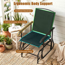 The DirectDeals Outdoor Glider Chair with Metal Frame and Armrests sits on a porch among potted plants, next to a side table topped with books and eyeglasses.