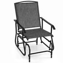 The DirectDeals Outdoor Glider Chair with Metal Frame and Armrests features a black mesh seat and back, offering lasting comfort and durability for patio seating.