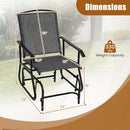 The DirectDeals Outdoor Glider Chair with Metal Frame and Armrests features a 20.5″x19″ seat, 23″x19″ backrest, 18″ seat height, 37.5″ total height, 24″ width, and holds up to 330 lbs. Garden setting in background.