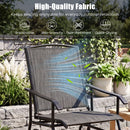 The DirectDeals Outdoor Glider Chair with Metal Frame and Armrests is shown outdoors. Icons highlight its breathable, skin-friendly, tear-resistant, and quick-drying mesh. Blue lines and green leaves show airflow.
